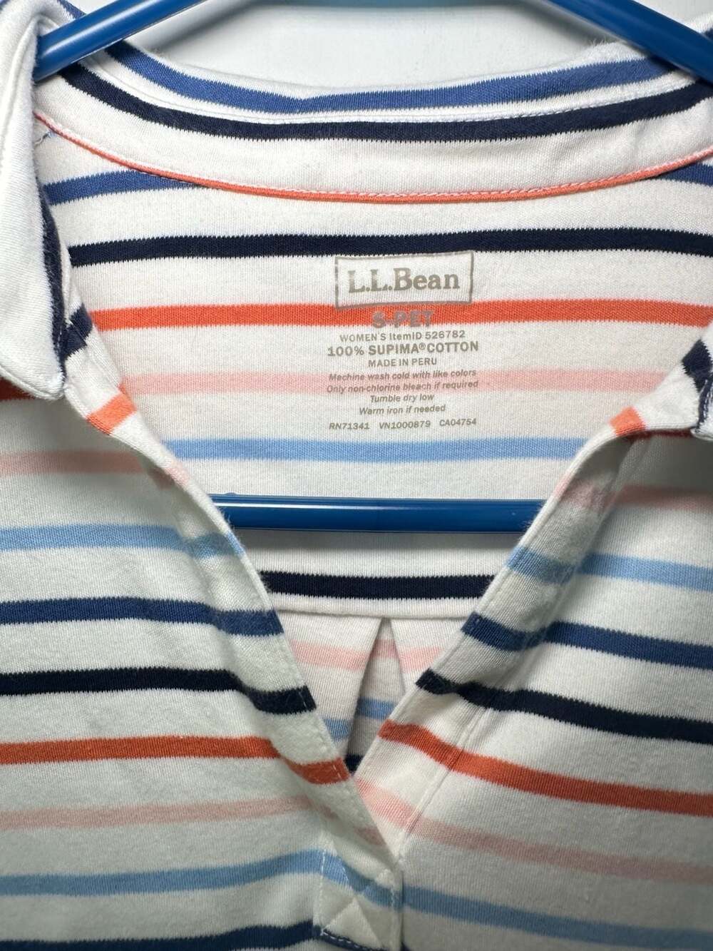 100% Supima Cotton LL Bean Women's 3/4 Sleeve Striped Polo Shirt Size S Petite - Picture 2 of 3